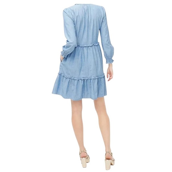 J. Crew - Chambray Ruffle Long Sleeve Mini Dress Sz 8 - Picture 2 of 8